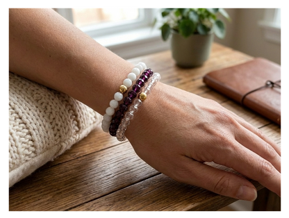 Handmade with Love Plum and Crystal-style Beaded Bracelet Set