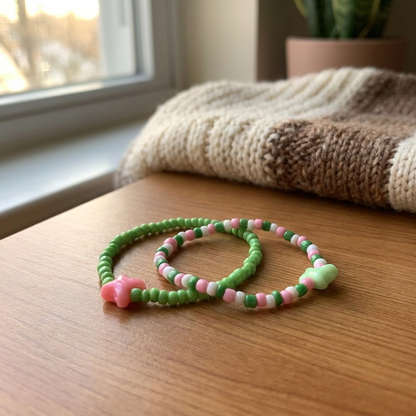 Butterfly Charm Beaded Bracelet Set, Pink Green White Cute Stretch Y2K Aesthetic Jewelry, Kawaii Friendship Bracelet Gift