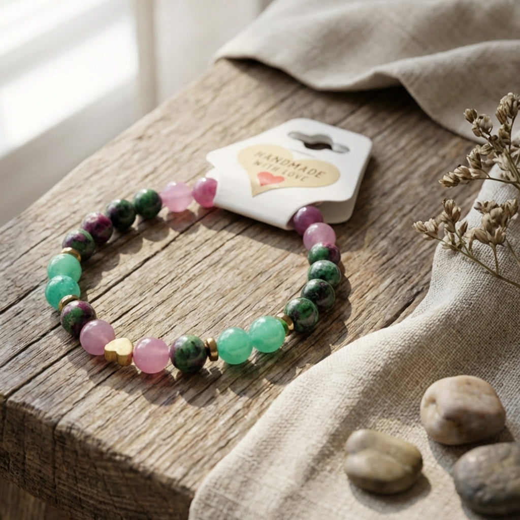 Colorful beaded bracelet on a wooden surface with a beige cloth and stones.