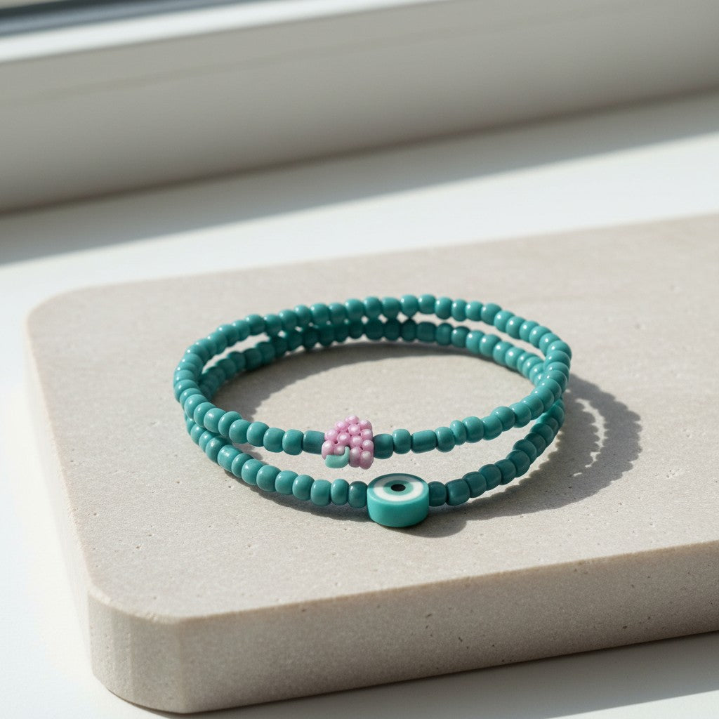 Turquoise Beaded Bracelet Set with Evil Eye Charm, Stretch Seed Bead Handmade Stackable Jewelry