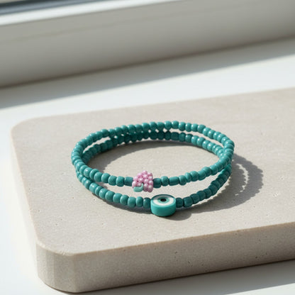 Turquoise Beaded Bracelet Set with Evil Eye Charm, Stretch Seed Bead Handmade Stackable Jewelry