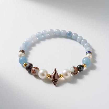 Handmade Aquamarine and Pearl Beaded Bracelet Blue White Natural Stone Boho Style One Size Gemstone Jewelry