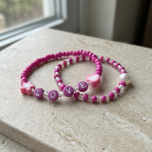 Handmade Pink Beaded Bracelet Set (2 pcs) – Heart & Star Charms with LOVE Letters, Pearl Accent, Cute Jewelry Gift for Kids/Teens