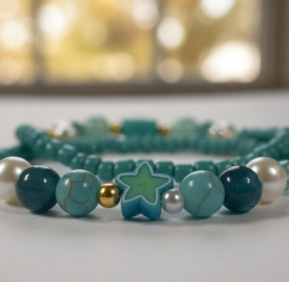 Handmade 2-Piece Turquoise Bracelet Set with White & Blue Beads, Evil Eye & Star Accents – Gift Jewelry, Boho Chic Style