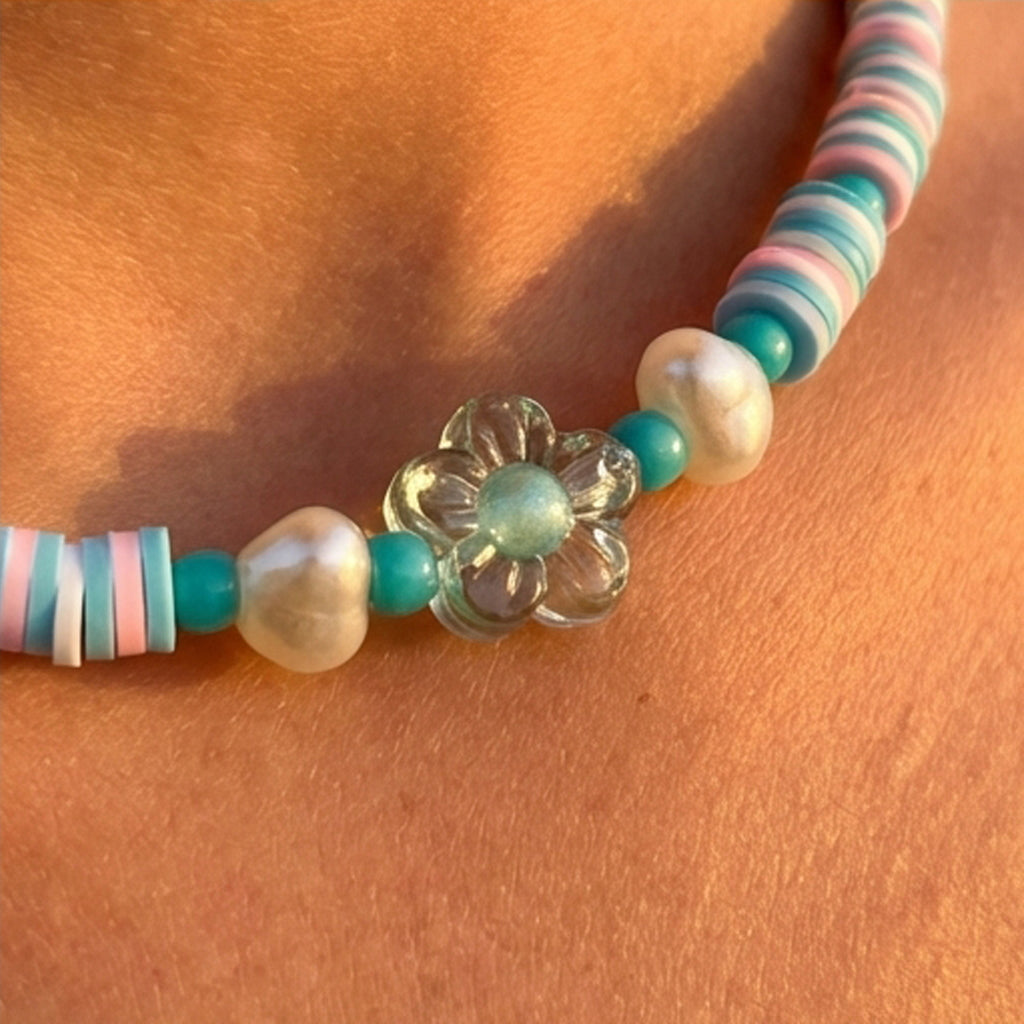 Handmade Pastel Heishi Bead Necklace, Surfer Beach Jewelry, Flower Accent Clasp