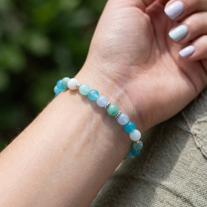 Handmade Blue Green Agate Gemstone Stretch Bracelet, Minimalist Boho Natural Stone