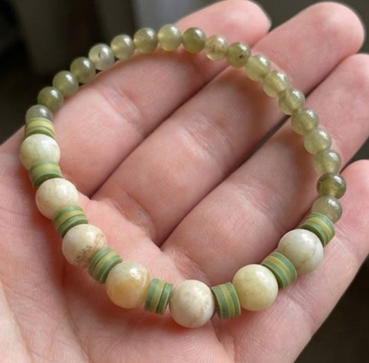 Handmade Bracelet – Green Jasper-Style and Cream Agate-Like Beads with Vibrant Yellow Heishi Disc Spacers – Artisanal Boho Jewelry