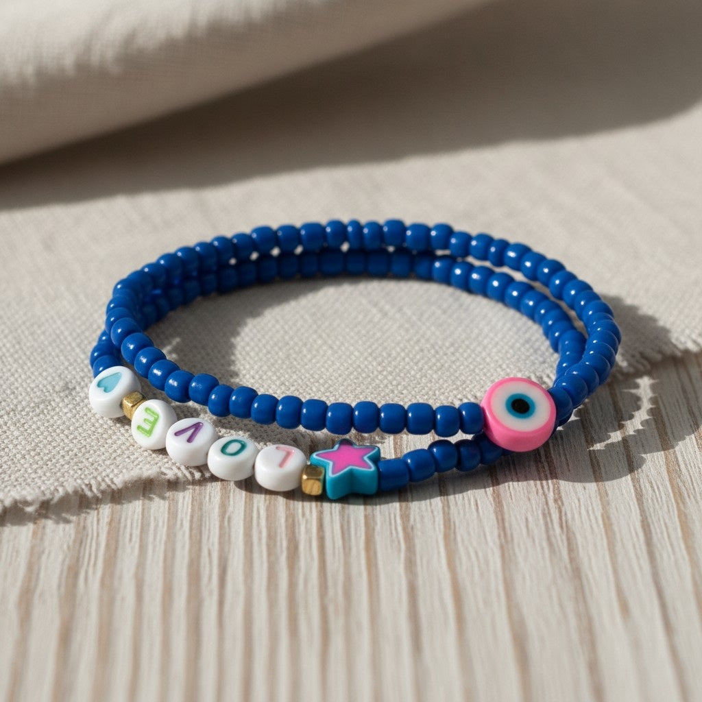 Handmade Blue Beaded Bracelet Set with Evil Eye Charm— Personalized Friendship Gift For Her, Stackable Stretch Jewelry