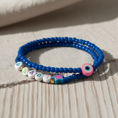 Handmade Blue Beaded Bracelet Set with Evil Eye Charm— Personalized Friendship Gift For Her, Stackable Stretch Jewelry