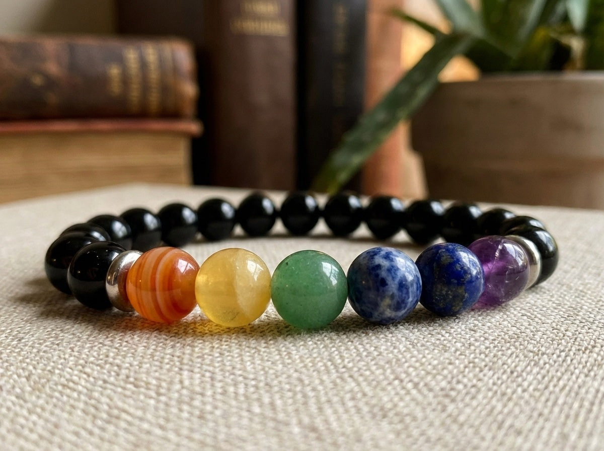Handmade Rainbow Chakra and Black Onyx Healing Crystal Bracelet Beaded Protection Jewelry Natural Stone Artisan Spiritual Wellness Gift