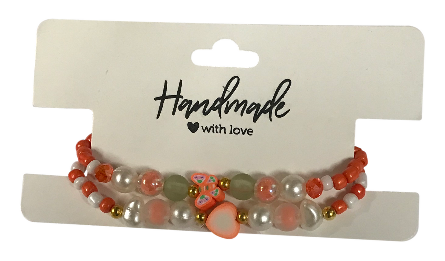 Coral Heart Butterfly Charm Bracelet Set, Handmade Faux Pearl Seed Bead Stretch Bracelet, Love & Transformation Jewelry