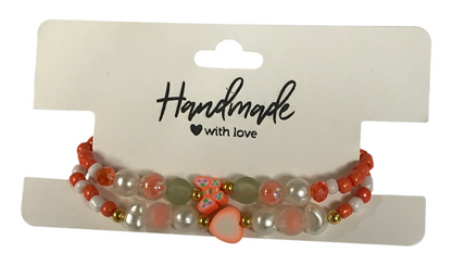 Coral Heart Butterfly Charm Bracelet Set, Handmade Faux Pearl Seed Bead Stretch Bracelet, Love & Transformation Jewelry