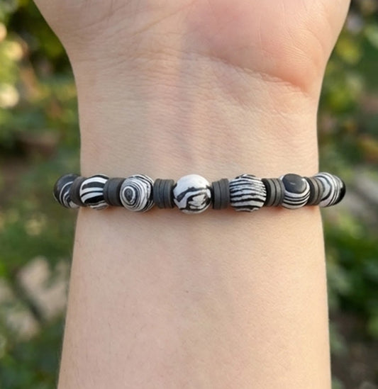 Handmade Black Onyx-style & Zebra Jasper-like Beaded Bracelet, Black White Swirl Stone, Gray Polymer Clay Heishi Spacer Beads, Boho
