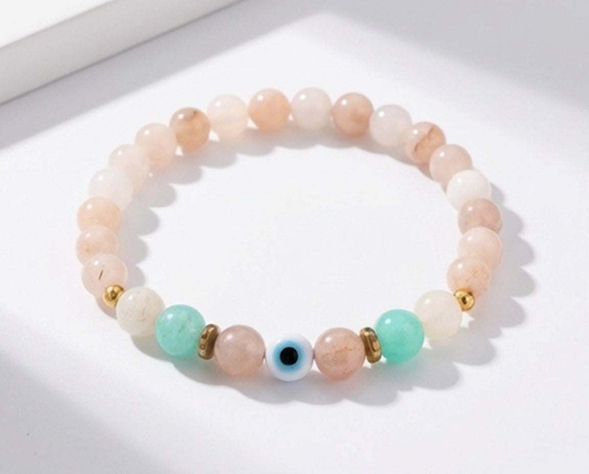 Handmade Gemstone Beaded Evil Eye Bracelet Charm Crystal Rose Quartz and Amazonite Moonstone Jewelry Boho Style Minimalist