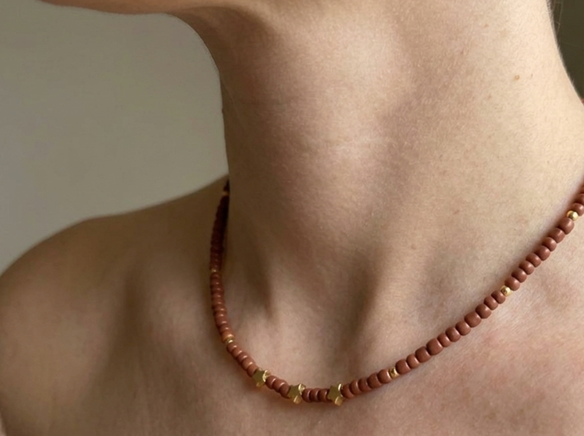Brown Seed Bead Necklace with Gold Star Charms, Dainty Celestial Jewelry