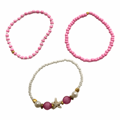 Handmade Pink White Gold Beaded Bracelet Set, Starfish Charm, Boho Ocean Jewelry