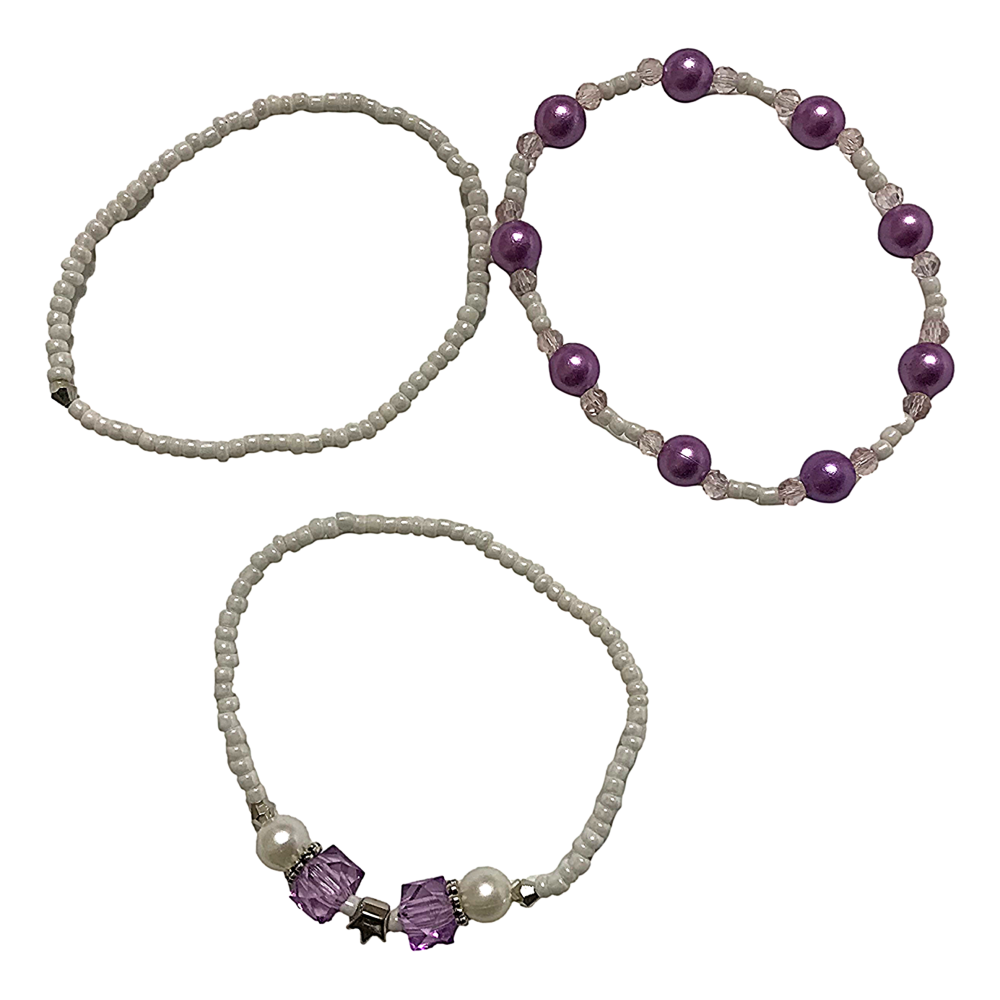 Handmade White Seed Bead Purple Pearl-Like Bracelet Set, Crystal Accents, Boho Ocean Jewelry