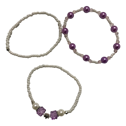 Handmade White Seed Bead Purple Pearl-Like Bracelet Set, Crystal Accents, Boho Ocean Jewelry