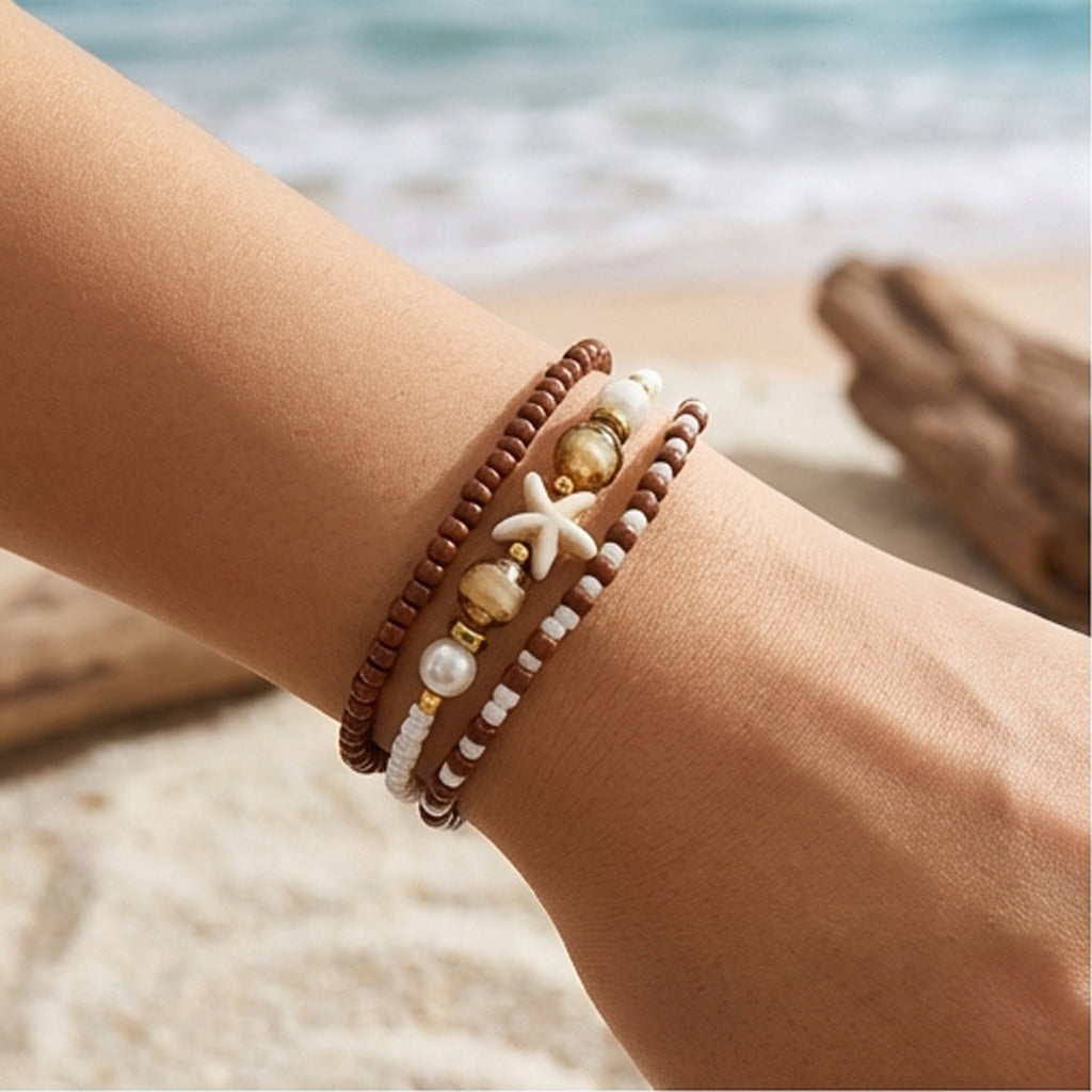Handmade Brown White Gold Beaded Bracelet Set, Starfish Charm, Boho Ocean Jewelry