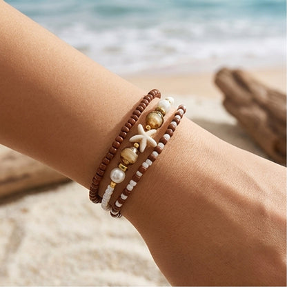 Handmade Brown White Gold Beaded Bracelet Set, Starfish Charm, Boho Ocean Jewelry