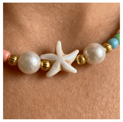 Handcrafted Seaside Starfish Beaded Necklace, Metal-Plated Clasp w/ Extension Chain