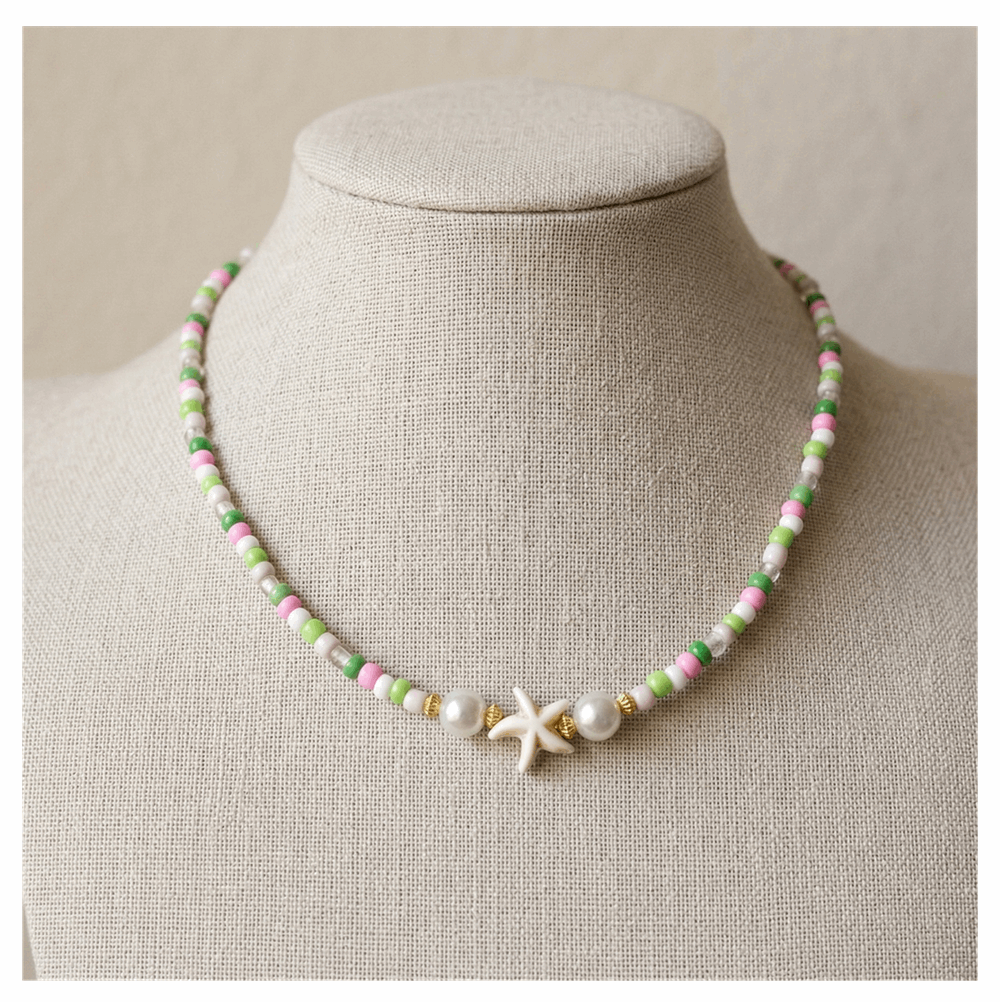 Handcrafted Summer Beach Beaded Necklace, Metal-Plated Clasp w/ Extension Chain