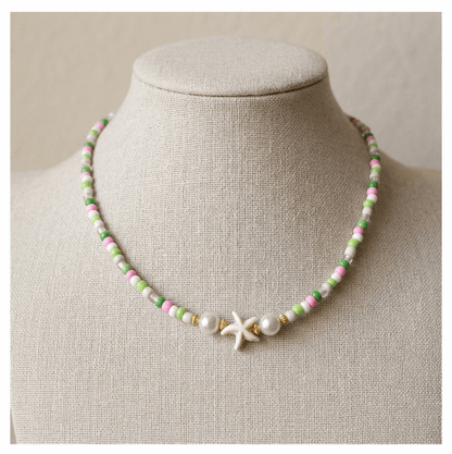 Handcrafted Summer Beach Beaded Necklace, Metal-Plated Clasp w/ Extension Chain