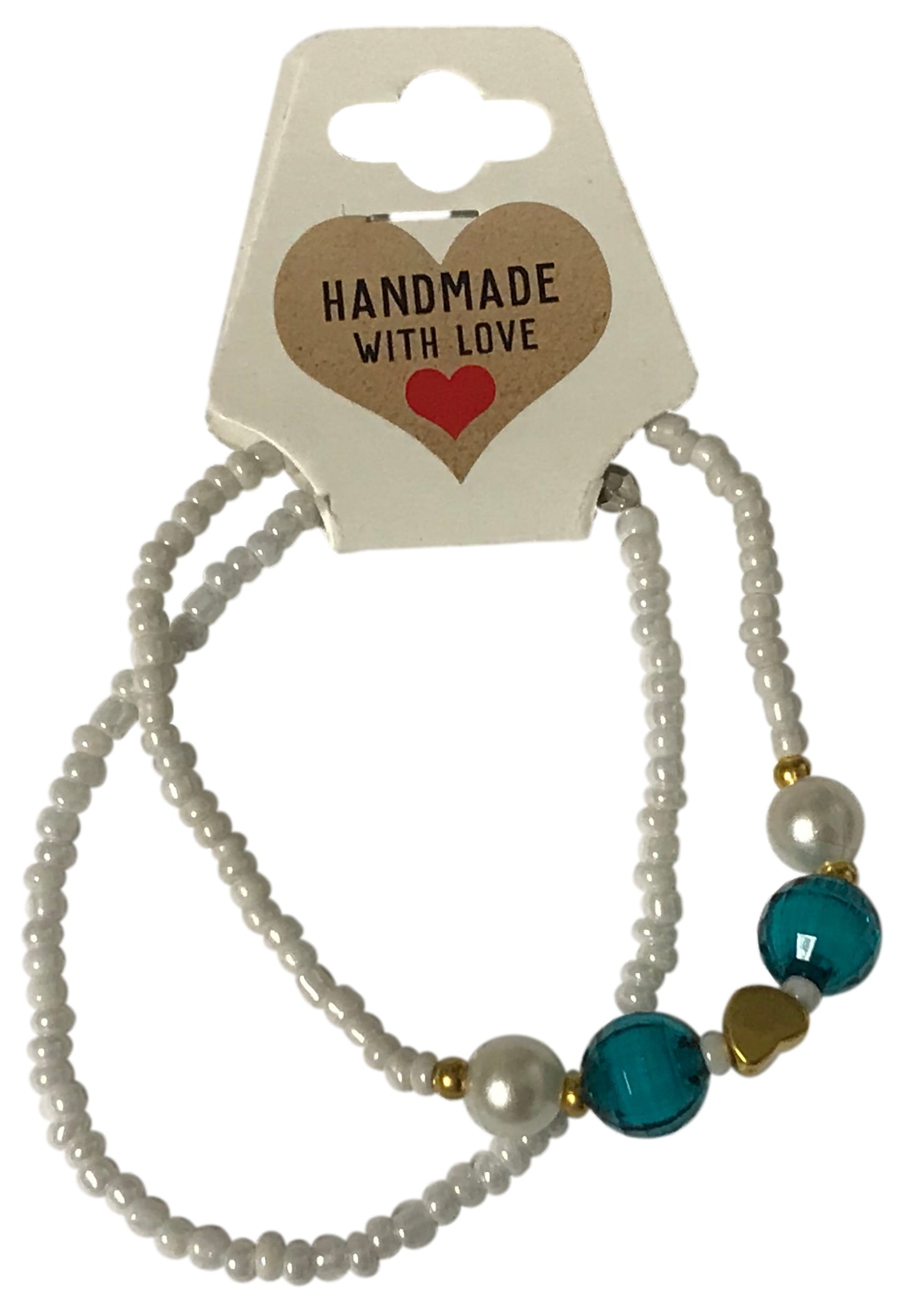 Handmade White Seed Bead Bracelet Set with Blue Glass Beads and Gold Heart Charm— Dainty Pearl Accent, Boho Coastal Jewelry