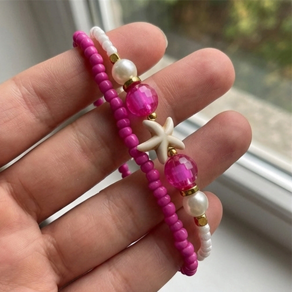 Handmade Hot Pink White Beaded Bracelet Set, Starfish Charm, Boho Ocean Jewelry