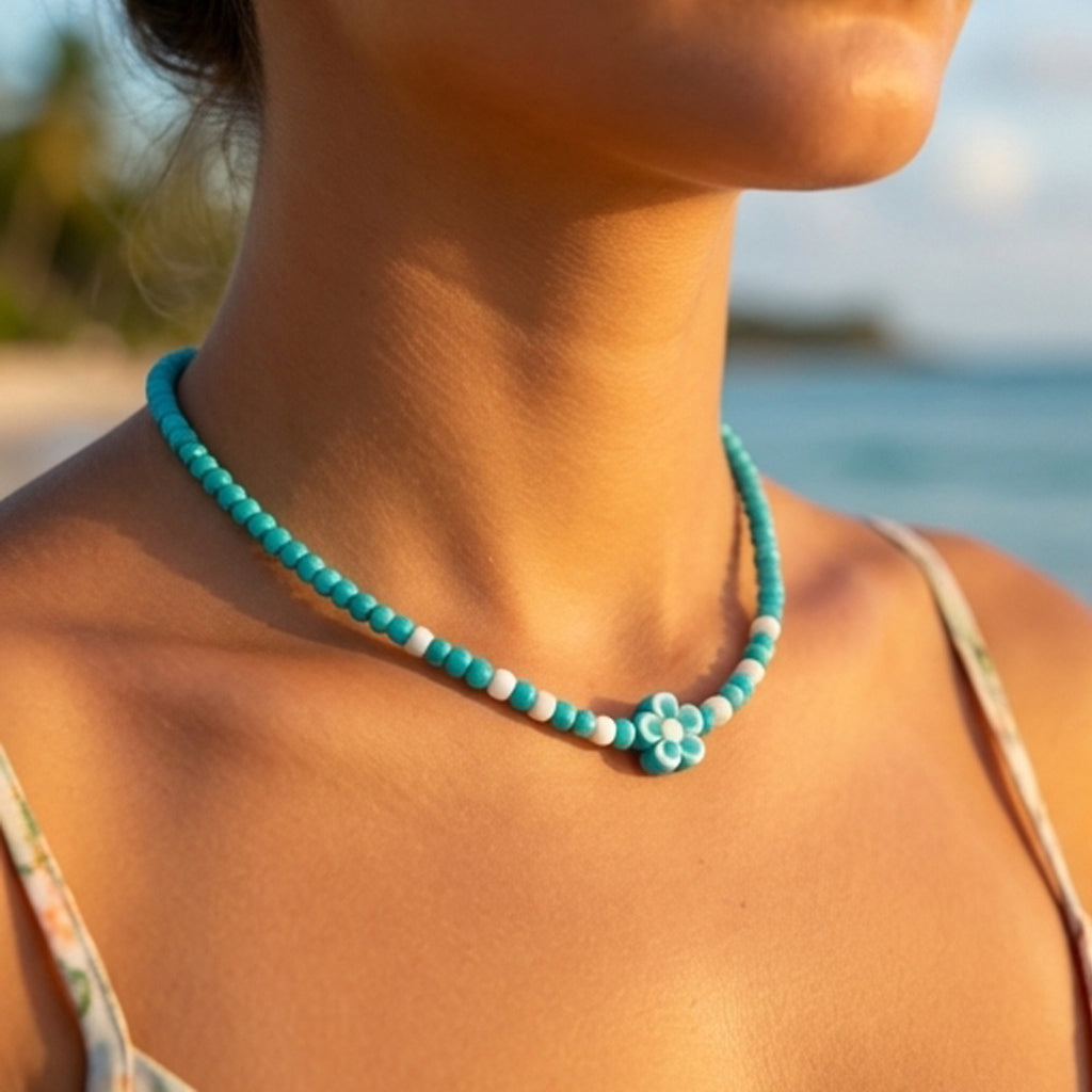 Turquoise Seed Bead Necklace with Flower Charm, Minimalist Floral Jewelry