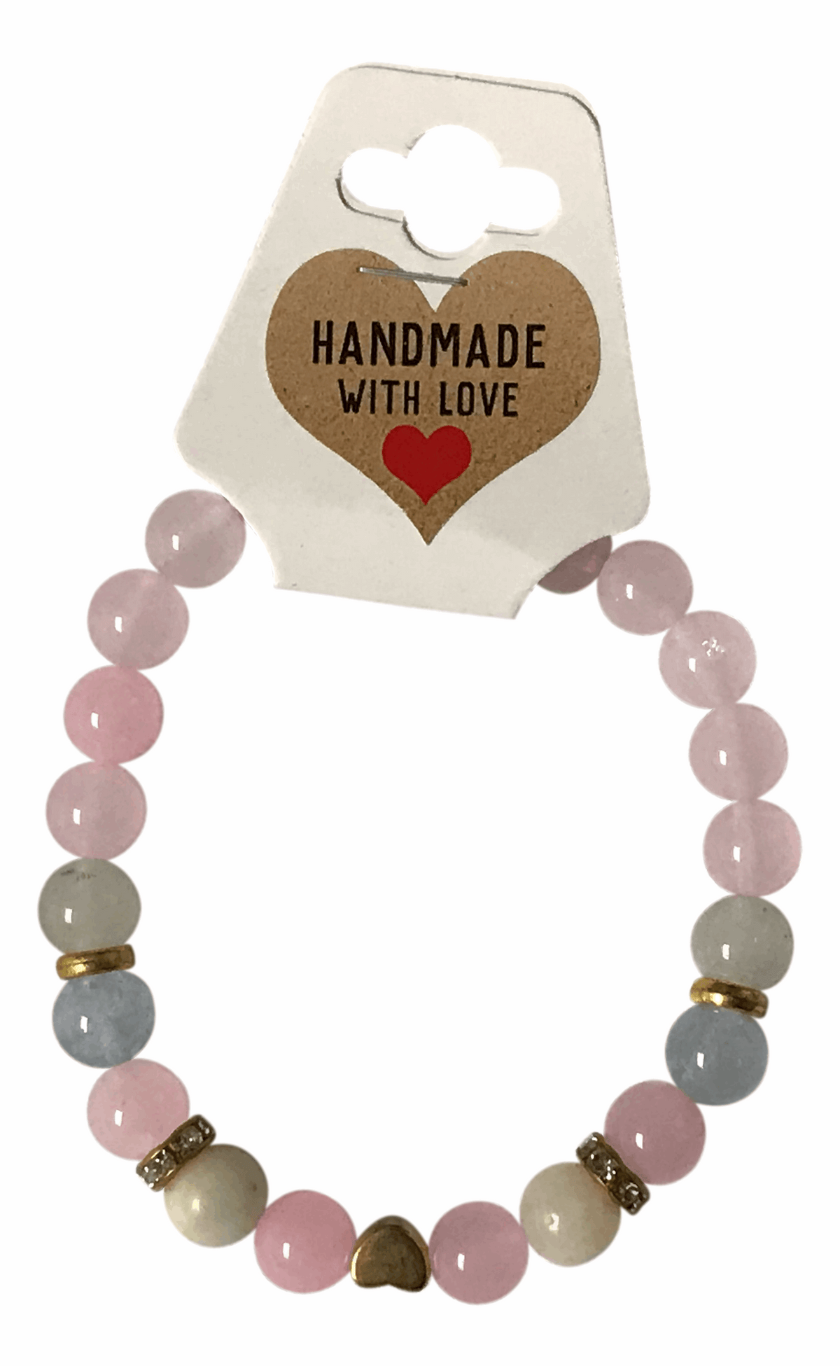 Pink Pastel Beaded Bracelet with Gold Heart Charm, Smooth Round Natural Stone Handmade Stretch Bracelet, Dainty Crystal Style Jewelry
