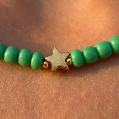 Handmade Green Seed Bead Necklace with Gold Star Charms, Dainty Celestial Jewelry