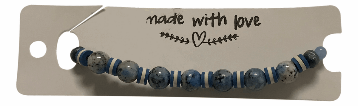 Handmade K2 Stone & Azurite Granite Stretch Bracelet with Blue & White Heishi Polymer Clay Spacer Beads