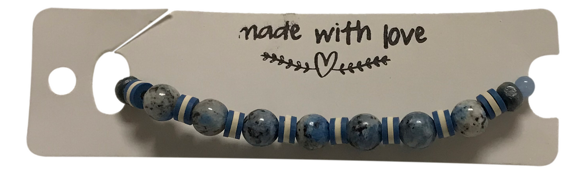 Handmade Bracelet – K2-Style & Azurite-Like Granite Beads with Blue & White Heishi Polymer Clay Spacers – Boho Style