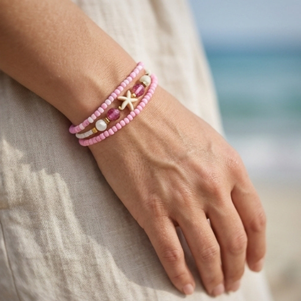 Handmade Pink White Gold Beaded Bracelet Set, Starfish Charm, Boho Ocean Jewelry
