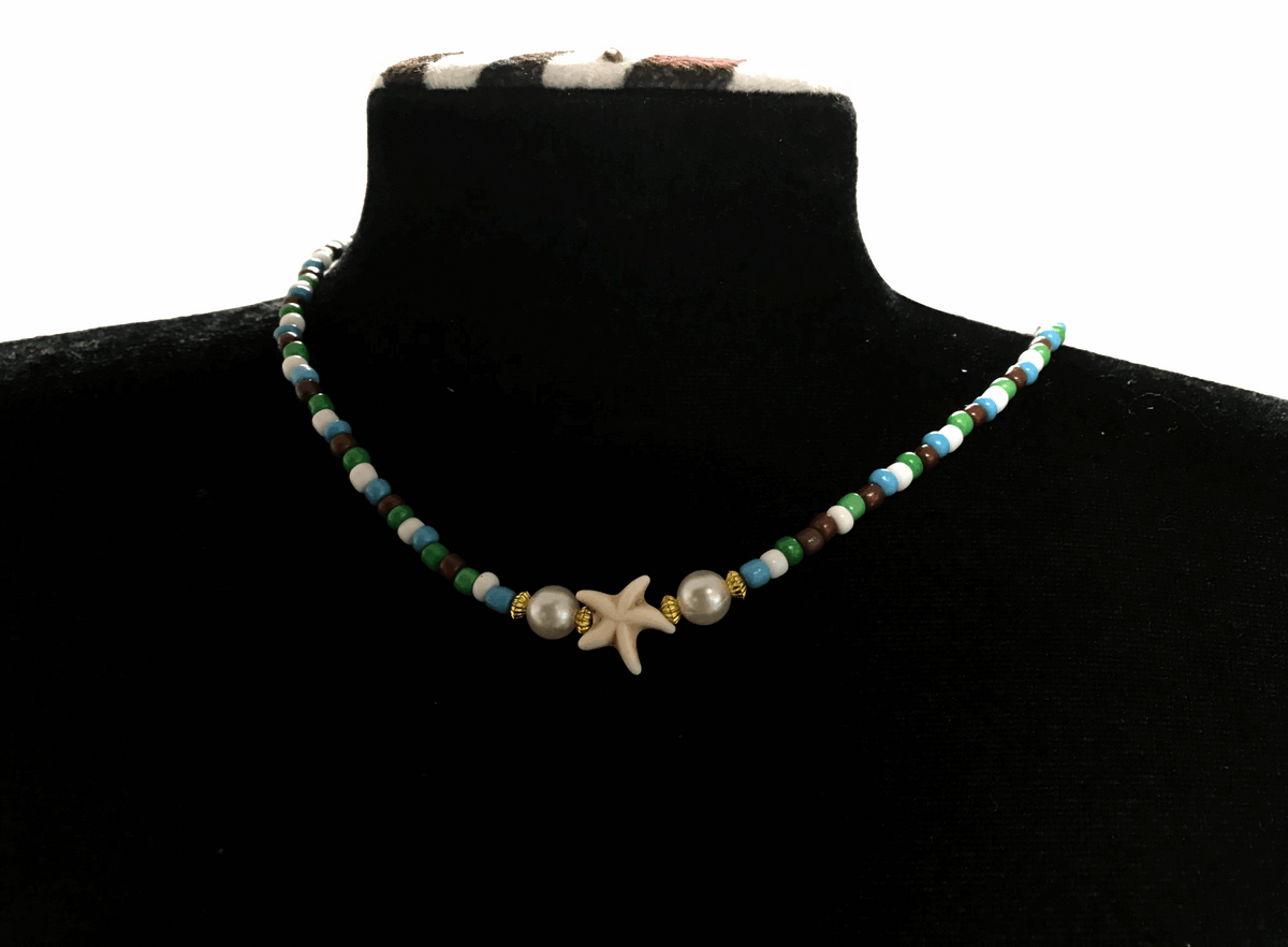 Handmade Starfish Beaded Necklace, Earth Tone Seed Bead Choker, Coastal Boho Jewelry with Pearls, Beach Aesthetic Necklace for Women