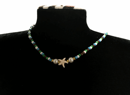 Handmade Starfish Beaded Necklace, Earth Tone Seed Bead Choker, Coastal Boho Jewelry with Pearls, Beach Aesthetic Necklace for Women