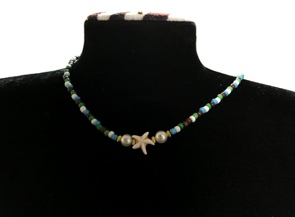 Sirenka Handmade - Starfish Beaded Necklace, Earth Tone Seed Bead Choker, Coastal Boho Jewelry with Faux Pearls