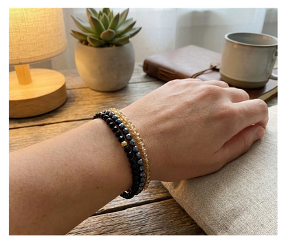 Handmade Black, Dark Grey, Light Amber Beaded Bracelet, Smoky Quartz & Obsidian Stack