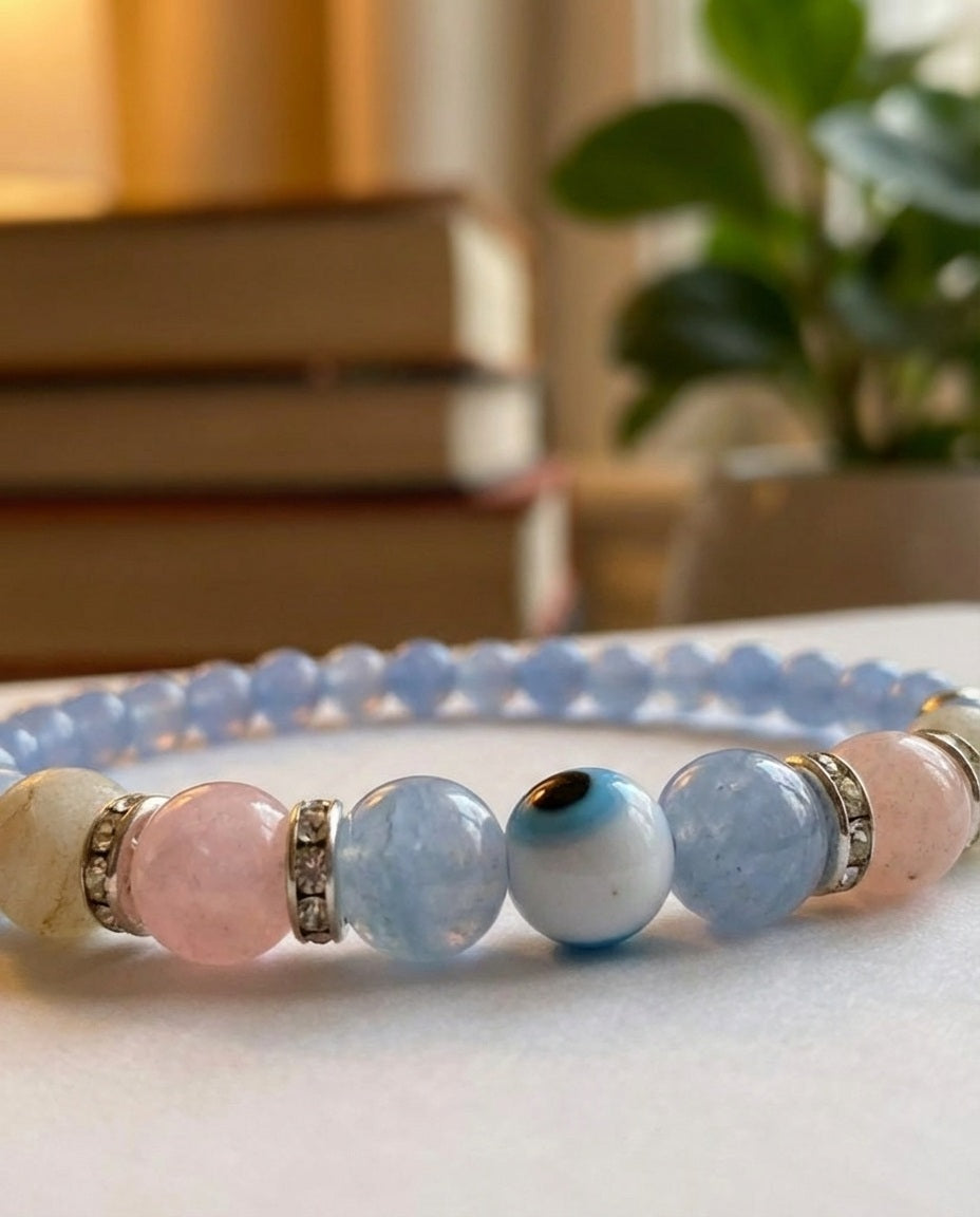 Angelite and Rose Quartz Evil Eye Bracelet Handmade Spiritual Gift Protection Blue Gemstone Beaded Natural Stone Jewelry