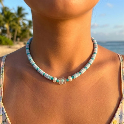 Handmade Pastel Heishi Bead Necklace, Surfer Beach Jewelry, Flower Accent Clasp