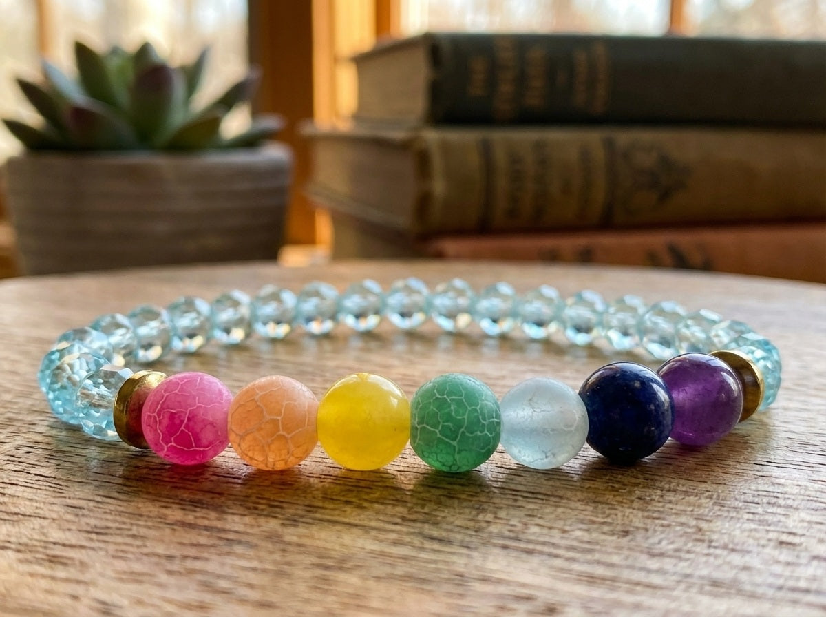 Colorful beaded bracelet on a wooden surface with books and a plant in the background