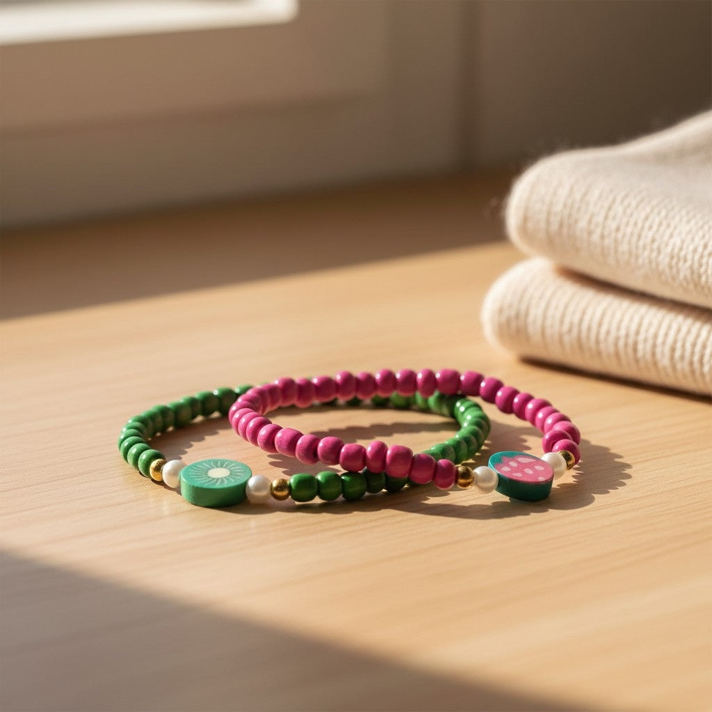 Two colorful beaded bracelets on a wooden surface with a neutral background