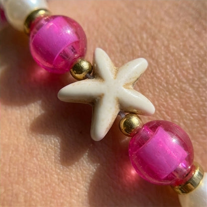 Handmade Hot Pink White Beaded Bracelet Set, Starfish Charm, Boho Ocean Jewelry
