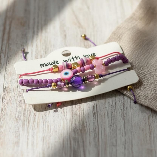 Purple Pink Evil Eye Bracelet Set, Butterfly Crown Charm Friendship Bracelets, Adjustable Beaded Jewelry Gift