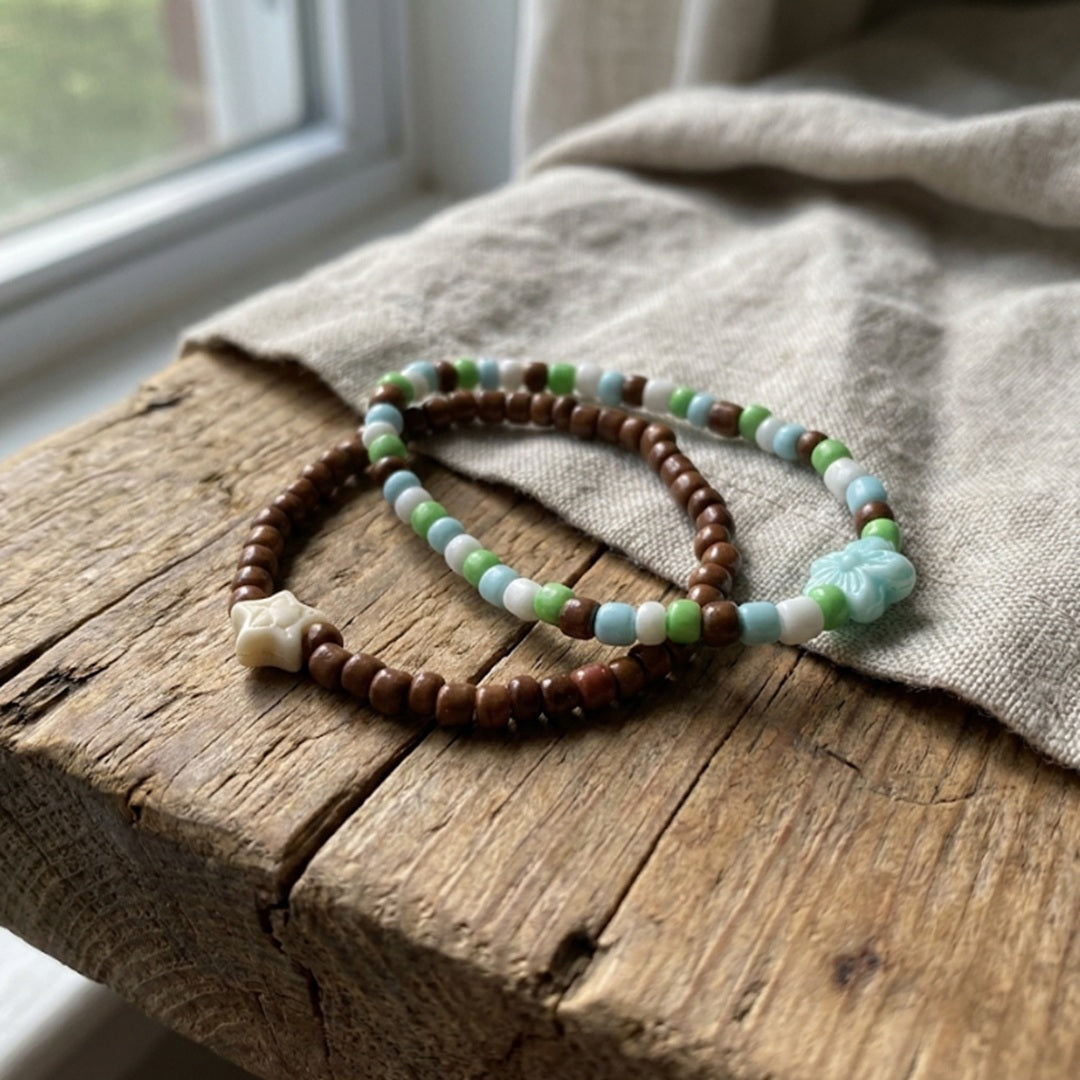 Cute Handmade Beaded Bracelet Set 2pcs Brown Blue Green White with Star & Flower Accent Gift
