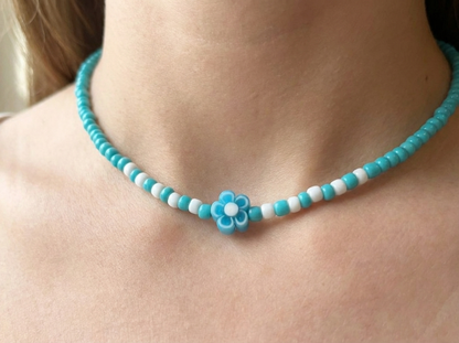Turquoise Seed Bead Necklace with Flower Charm, Minimalist Floral Jewelry