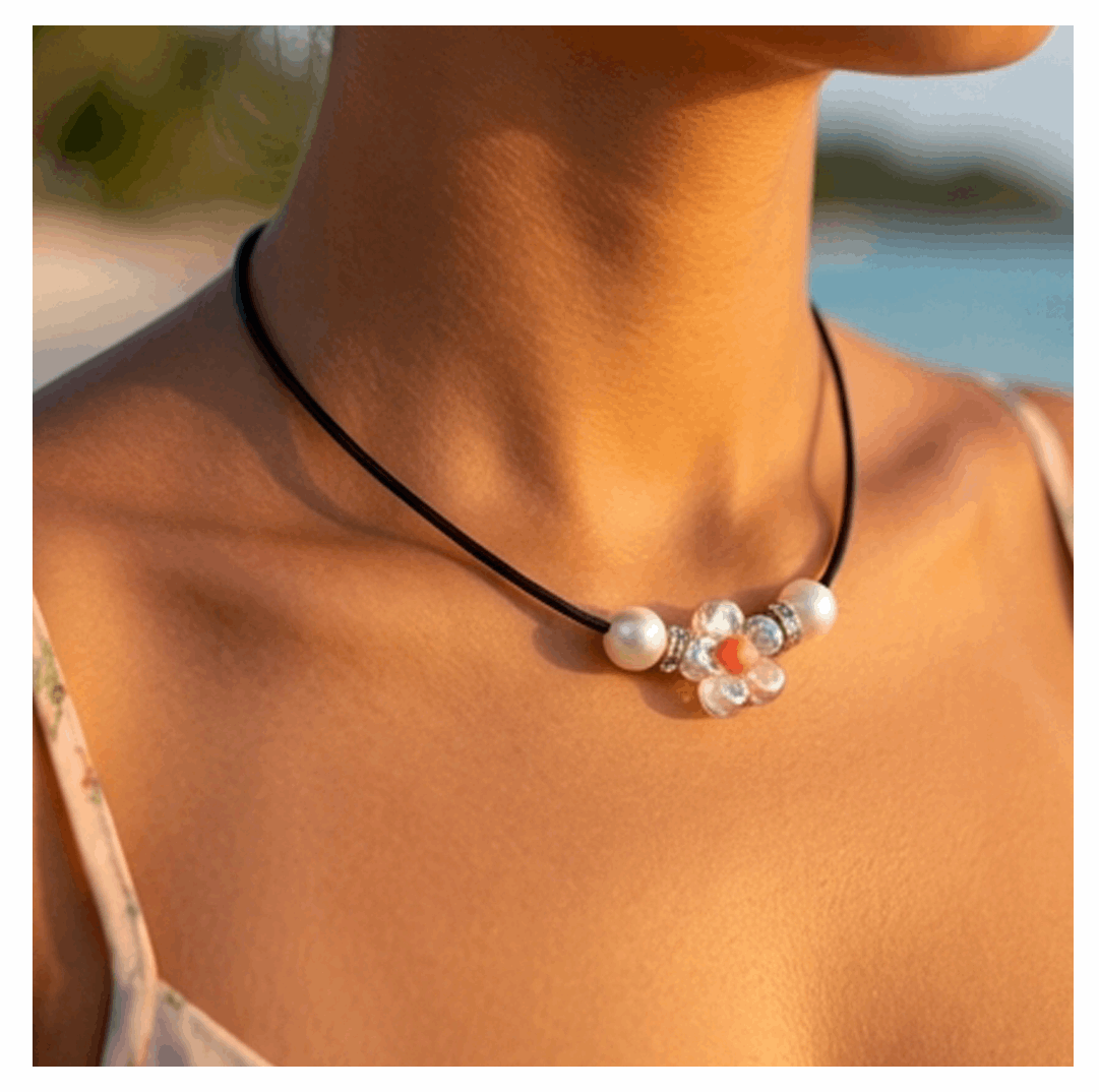 Elegant Flower Design Necklace with Acrylic White Pearl Beads, Black Cord, Lobster Claw with Extension Chain
