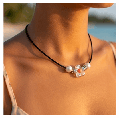 Elegant Flower Design Necklace with Acrylic White Pearl Beads, Black Cord, Lobster Claw with Extension Chain