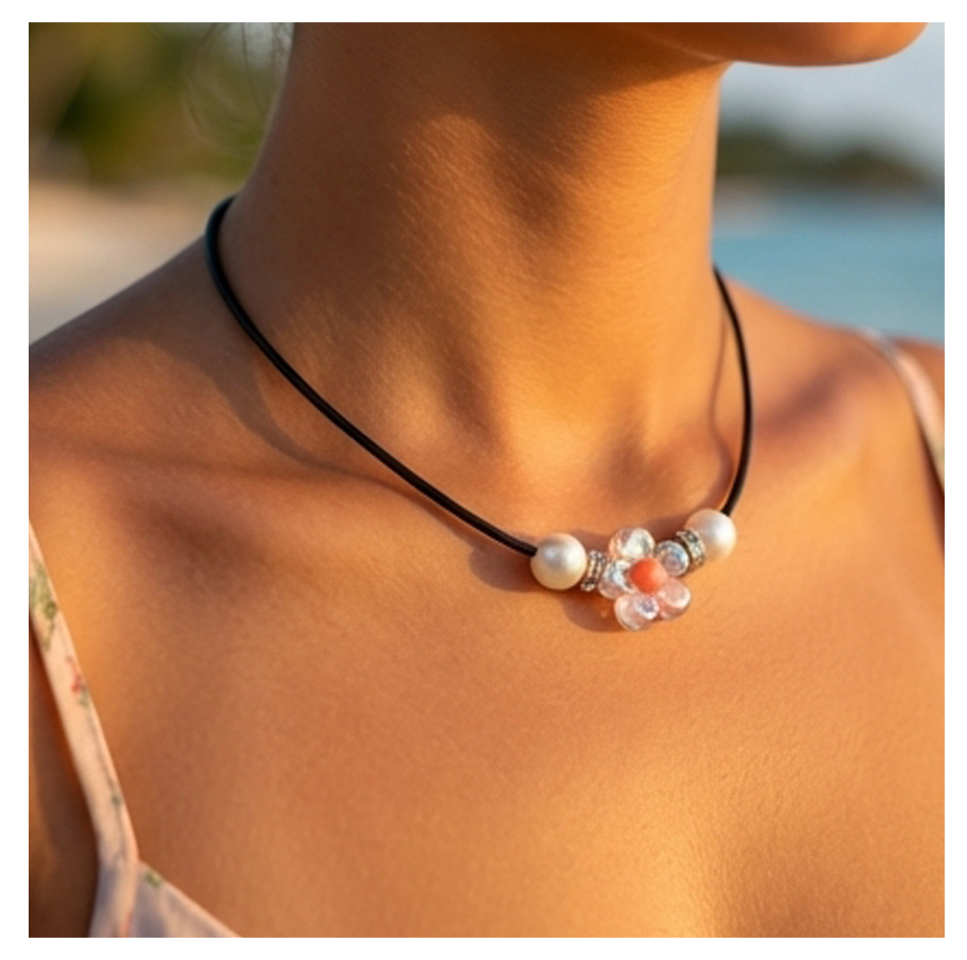 Elegant Flower Design Necklace with Acrylic White Pearl Beads, Black Cord, Lobster Claw with Extension Chain